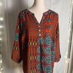 New Directions Red and Orange Graphic Blouse with Mandarin Collar Size XL Photo 0
