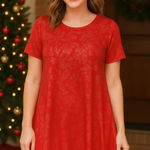 LuLaRoe  Carly Swing Red Metallic Silver Floral Dress Size Medium Oversized Photo 0