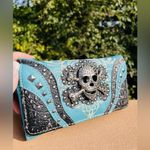 Turquoise Rhinestone Skull Concealed Carry Shoulder Bag & Wallet Set NWT Blue Photo 11