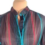 Vintage 80s Striped Sheer Blouse Black Belted Waist Mandarin Collar Metallic Size L Photo 6