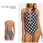 La Blanca New. polka dot plunge neck swimsuit. MSRP $139. Size 14 Photo 1