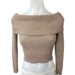 Emory park Tan Metallic Off Shoulder Ribbed Knit Long Sleeve Crop Sweater Top S Photo 3