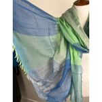 Blue & Green Lightweight Plaid Gauze Scarf Frayed Edges Coastal Boho Layer Photo 4