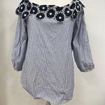 Loft  Blue & White Striped Off Shoulder Embroidered Floral Appliqué Womens Top M Photo 0