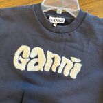 Ganni  Isoli Logo Crew Neck Sweater Embroidered Cropped Boxy Navy Blue S Photo 2