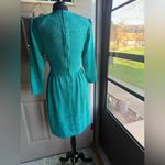Vintage 80s Henry Lee teal floral monochrome fitted long sleeve dress, size 6 Blue Photo 8