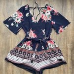 Three Pink Hearts  Navy Blue Floral Romper Short Sleeve Open Back Zip Size XS Photo 1