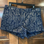 Abercrombie & Fitch Abercrombie Navy Blue Corduroy Shorts Metallic Gold Floral Chino Size 8 Low Rise Photo 0