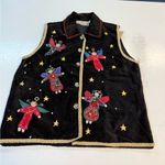 Vintage 90s New Black Velveteen Vest with Colorful Angel Embroidery Christmas Red Size M Photo 0