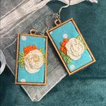 Handmade Floral Embroidered Earrings - Blue and Orange Photo 0