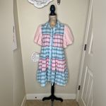 Entro NWT:  Bubble Sleeve Blue, Green, Pink & White Plaid Lined Mini Dress Sz M Photo 1