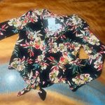 Roxy New Black Red Floral Blouse tie front size small long sleeve Photo 0
