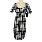 ZARA  Pencil Shift Dress Navy Blue White Plaid Short Sleeve Square Neckline Sz S Photo 3
