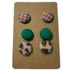 None Fabric Covered Button Earring Stud Set Green Brown‎ Photo 0