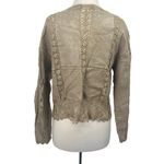 Vintage Leather Jacket Collarless Tan Textured Crochet Detail Button Up Womens L Size L Photo 5
