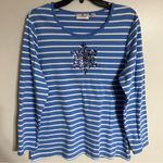 Quacker Factory Women Top Size Large Blue Blouse Striped Long Sleeve Sequin Photo 0
