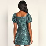 Lulus  Going Gorgeous Shiny Teal Jacquard Puff Sleeve Mini Dress Photo 2