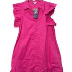 Crown & Ivy  Petite M Pink Poplin Ruffle Sleeve Dress Button Down NWT Above Knee Photo 0