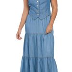 Sigrid Olsen Denim Button Front Vest & Tiered Maxi Skirt Set Blue Medium Photo 0
