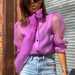 ZARA SEMI-SHEER ORGANZA BLOUSE TOP W/ BOW TIE PUFF SLEEVE PURPLE COLOR NEW Photo 4