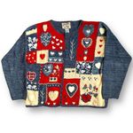 Vintage 90s Bright Red Blue Cardigan Round Neck Heart Floral Pattern Knit Large Photo 0