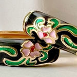 Chic Black Enamel Earrings with Pink Floral Design Photo 0
