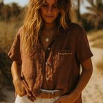 Vintage Hot Cotton Marc Ware Linen Brown Short Sleeve Blouse Wood Buttons Sz M Size M Photo 0