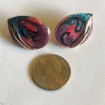 Vintage Purple Pink & Teal Shimmer Swirl Enamel Pierced Earrings Photo 1