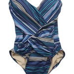 Merona Ruched Swimsuit One Piece Shirred Front Slimming Blue Striped Size Small Photo 0