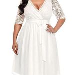 NEW Lace Chiffon Wedding Formal Cocktail Midi Dress 16W NO BELT White Photo 0