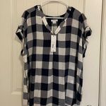 Liz Claiborne NEW women’s navy white checkered plaid cuffed sleeve V-neck blouse Photo 0
