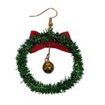 Christmas Wreath Bell Bow Earrings Glitter Dangle Earrings Sparkly Holiday NEW Green Photo 2