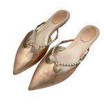 Rene Caovilla Rose Metallic Leather Flat Mules Faux Pearls Sz 38 Designer Chic Pink Photo 2