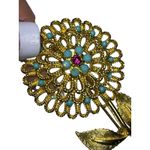 Vintage Gold Tone Flower Brooch Turquoise & Pink Rhinestone Floral Pin Photo 3