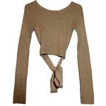 Abercrombie & Fitch Tie Hem Ribbed Crop Sweater Stretch Knit 100% Cotton Tan S Photo 0