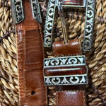 Brighton VTG Leather Croc Embossed Western Belt Brown Silver Buckle Amber 38” L Photo 0