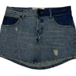 Free People  Denim Mini Skirt Women’s Size 27 2 Tone Blue Distressed Button‎ Fly Photo 0