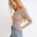 Madewell  ribbed pointelle square scoop long sleeve tee S white brown stripe Photo 1