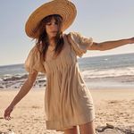 Free People  Marina Puff Sleeve Tan Open Back Mini Dress Photo 0