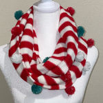 Christmas Candy Cane Striped Red/White Infinity Scarf Multi Color Pom Poms Knit Red Photo 0
