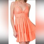 Zenana Outfitters crochet lace cross strap smocked, light peach, ruffle, cami tunic size L Photo 12