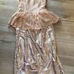 Vintage 80s pink metallic lace peplum strapless dress wedding party glam Photo 0