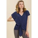 Alya Boutique Navy Blue V-Neck Twist Tie Front Short Sleeve Top M Photo 1