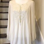 Krazy Kat Women’s Ivory Crochet Tie Front 3/4 Sleeve Blouse Sz Large NWT Photo 0