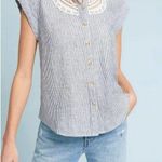 Anthropologie Maeve by  | Small | Blue + White Stripe Yoked Linen Lace Detail Top Photo 0