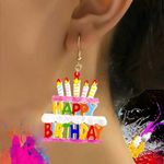 1‎ Pair Of Birthday Cake Design Happy Birthday Colorful Acrylic Earrings Photo 1