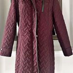 Cole Haan Burgundy Quilted Long Jacket w/Brown Leather Trim, NO BELT XL $260 Photo 1