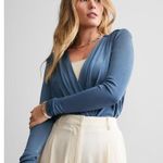 Free People  intimately turnt sheen blue long sleeve plunge bodysuit Medium Photo 0