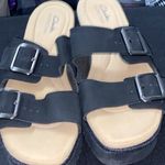 Clarks Wo size 11 Black Faux SUEDE straps and Tan w/ silver Buckle Sandals clean Photo 12