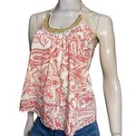 Fourtys Anthropologie S Red White Paisley Print Wooden Bead Neckline Halter Top Photo 2